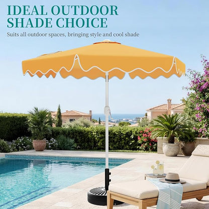AreShark 7.5FT Outdoor Patio Umbrella with Wavy Trim (Mustard Yellow) | Market Table Umbrellas w/ 6 Sturdy Ribs, Crank & Tilt, White Pole, Pool Umbrella with UV-Fade Resistant Fabric, Heavy Frame