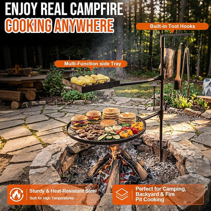 22" and 16"x10.5" Fire Pit Campfire Grill Grate Foldable Round and Rectangular Grill Grate Open Fire Cooking Portable Camping Barbecue Rack Heavy-duty Easy Setup & Adjustable Height for BBQ
