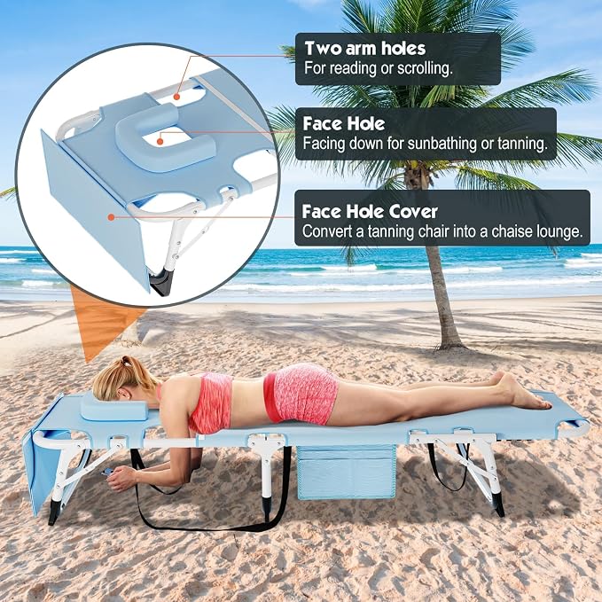 MOPHOTO Beach Lounge Chair, 5-Position Adjustable Tanning Chair with Face Hole, Heavy Duty Folding Chaise Lounge for Beach, Pool, Patio & Sunbathing