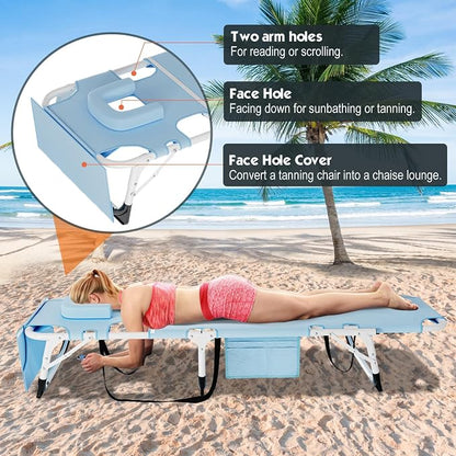 MOPHOTO Beach Lounge Chair, 5-Position Adjustable Tanning Chair with Face Hole, Heavy Duty Folding Chaise Lounge for Beach, Pool, Patio & Sunbathing