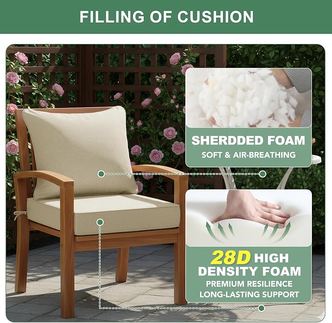 Summsun Patio Chair Cushions Set of 2, Faux Linen Outdoor Furniture Cushions, Water Resistant Backrest and Seat Cushion Set with Ties, Removable Cover, Non-Slip Bottom, 19 x 19 Inch, Beige