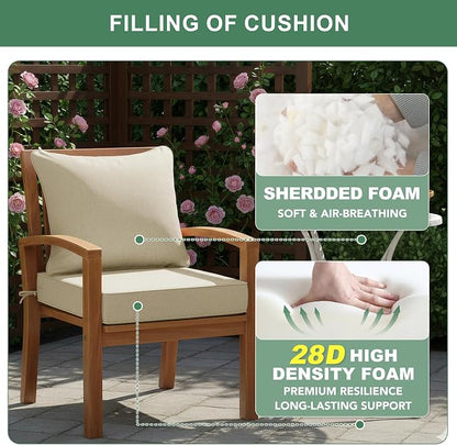 Summsun Patio Chair Cushions 22 x 22 Inch, Faux Linen Outdoor Furniture Cushions, Water Resistant Backrest and Deep Seat Cushion Set with Straps, Removable Cover, Non-Slip Bottom, Beige