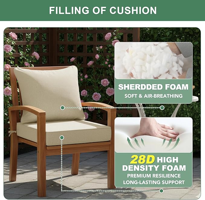 Summsun Patio Chair Cushions Set of 2, Faux Linen Outdoor Furniture Cushions, Water Resistant Backrest and Deep Seat Cushion Set with Straps, Removable Cover, Non-Slip Bottom, 22 x 22 Inch, Beige