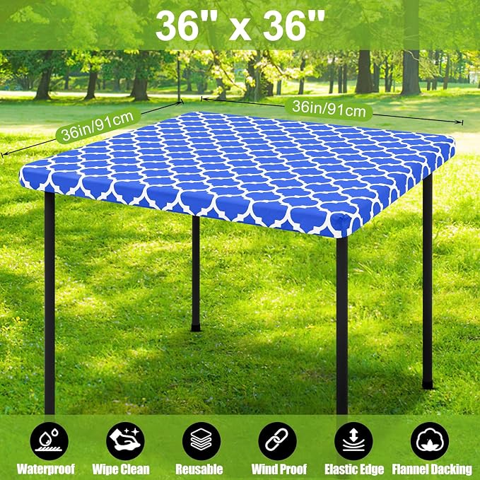 Smiry Picnic Fitted Table Cover, Square Flannel Backed Vinyl Tablecloth | Waterproof Elastic Stretch Table Cloth, Wipeable Plastic Tablecloth for Camping, Indoor & Outdoor (Blue, 36" x 36")