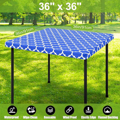 Smiry Picnic Fitted Table Cover, Square Flannel Backed Vinyl Tablecloth | Waterproof Elastic Stretch Table Cloth, Wipeable Plastic Tablecloth for Camping, Indoor & Outdoor (Blue, 36" x 36")