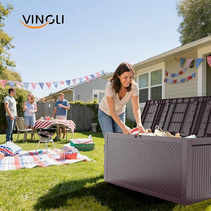 VINGLI 90 Gallon Outdoor Storage Box, Lockable Plastic Storage Containers with Lid, Patio Deck Box Furniture for Garden, Pool, Balcony, Yard (Brown)