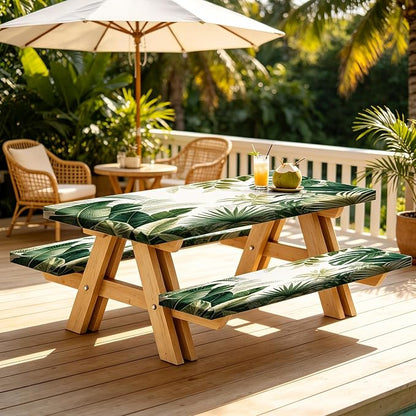 JAWO Picnic Table Cover with Bench Covers and Bag, Tropical Plant Leaves Rv Essentials, Waterproof Windproof Fabric, Fitted Tablecloth Cover with Elastic Edge, 3 PCS, 30x60 Inch
