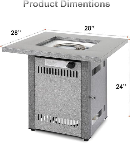 Hexago 28 Inch Propane Fire Pit Table, Gas Square Outdoor Fire Table Dinning with Lid, Lava Stone, 50000BTU, ETL Certification, for Outside Garden Backyard Deck Patio, Silver