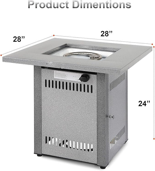 Hexago 28 Inch Propane Fire Pit Table, Gas Square Outdoor Fire Table Dinning with Lid, Lava Stone, 50000BTU, ETL Certification, for Outside Garden Backyard Deck Patio, Silver