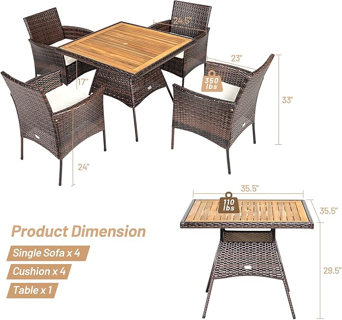 HAPPYGRILL 5 Pieces PE Wicker Patio Dining Set with Table and Chairs with Cushions, Outdoor Patio Furniture Set for Deck, Garden and Backyard (Brown Beige & Wood)