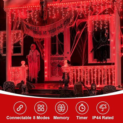 QITONG Red Halloween Lights, 66ft 800 LED Icicle Light for Outside with 8 Modes, Clear Wire Connectable Christmas String Lights Indoor Outdoor Plug in