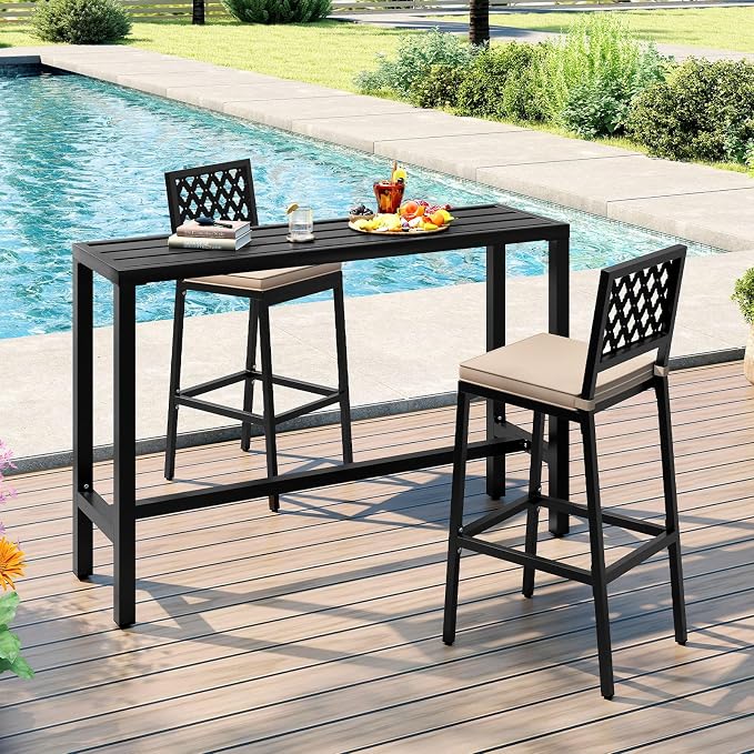 GIANTEX Outdoor Rectangle Bar Table with Counter Height, Slatted Top & Footrest, Heavy-Duty Metal Frame, 400Lbs Capacity, High Pub Table for Patio, Deck, Yard, Hot Tub, Balcony, Black (55")
