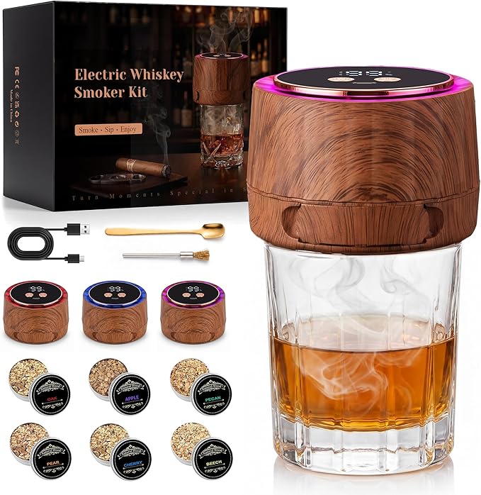 Electric Whiskey Smoker Kit - Rechargeable Cocktail Smoker with 6 Wood Chip Flavors - Smoke Infuser for Old Fashioned & Bourbon Cocktails - No Butane Needed - Father’s Day Gift for Men (Rich Oak)