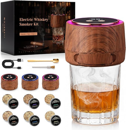 Electric Whiskey Smoker Kit - Rechargeable Cocktail Smoker with 6 Wood Chip Flavors - Smoke Infuser for Old Fashioned & Bourbon Cocktails - No Butane Needed - Father’s Day Gift for Men (Rich Oak)