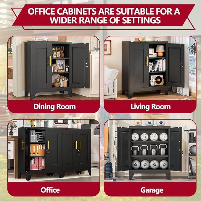 Black Metal Storage Cabinet, 36" Steel Locker Cabinets for Home Office, Locking Storage with Doors and 2 Adjustable Shelves, Utility Cabinet, for Office, Home, Garage, School