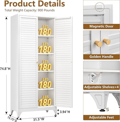 Polup 75" Kitchen Pantry Cabinet, White Metal Storage Cabinet with Doors and 4 Adjustable Shelves, Tall Metal Pantry Cabinets, Large Cupboard for Kitchen, Dining Living Room, Bathroom, Office