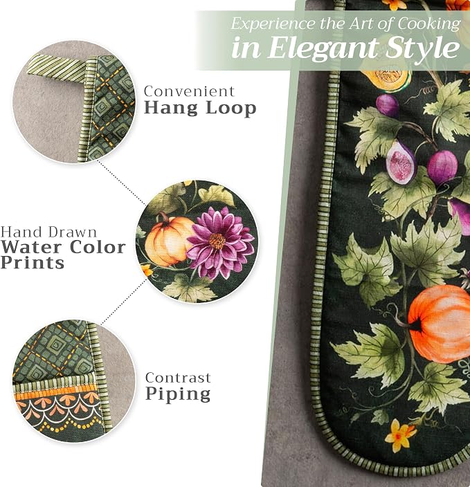 Maison d' Hermine Double Oven Mitts 100% Cotton Double Oven Glove (7"x35") | Heat Resistant BBQ Cooking Gloves with Loop Baking Kitchen Home Farmhouse Thanksgiving Christmas -Pumpkin Garden - Dark Green