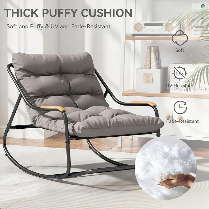DWVO Oversized Rocking Chair, Textilene Patio Rocking Chair w/2.8" Thick Cushion & Teak Armrests, All-Weather Patio Lounge Chair for Backyard, Lawn, Garden, Black