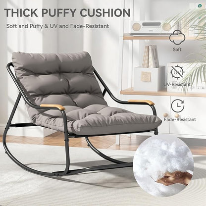 DWVO Oversized Rocking Chair, Textilene Patio Rocking Chair w/2.8" Thick Cushion & Teak Armrests, All-Weather Patio Lounge Chair for Backyard, Lawn, Garden, Black
