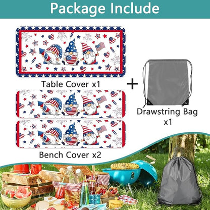 4th of July Picnic Table Cover with Bench Covers, Camping Essentials, Patriotic American Flag Gnomes Stars Table Cover Waterproof Fitted Tablecloth Cover with Elastic Edge for Outdoor 3 PCS 30x72 Inch