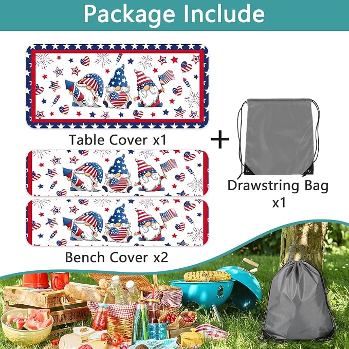 4th of July Picnic Table Cover with Bench Covers, Camping Essentials, Patriotic American Flag Gnomes Stars Table Cover Waterproof Fitted Tablecloth Cover with Elastic Edge for Outdoor 3 PCS 30x96 Inch