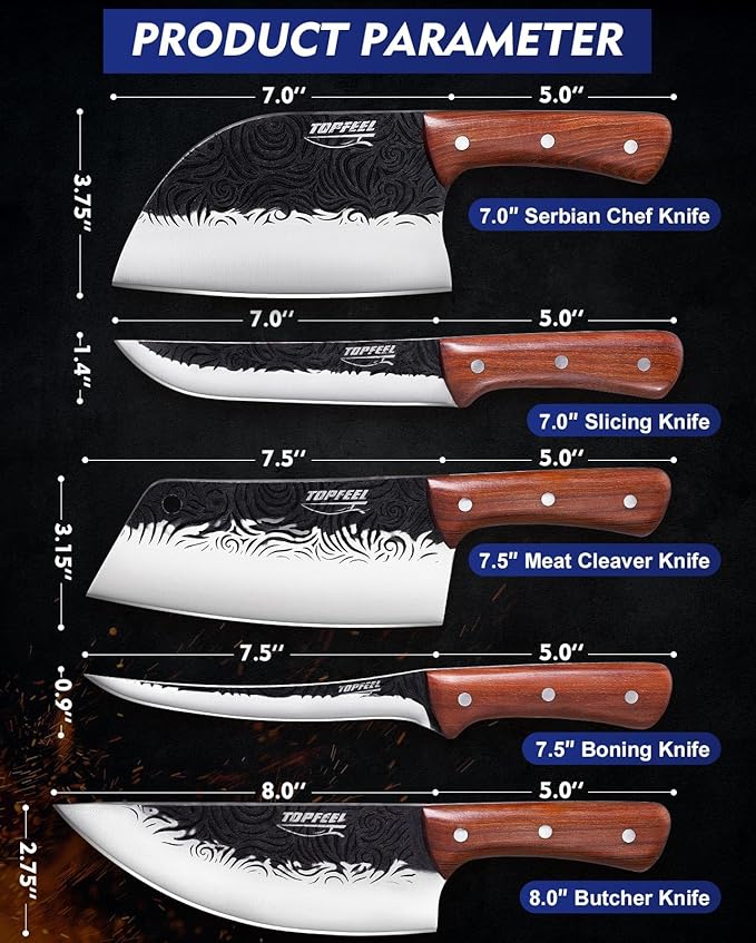 Topfeel Butcher Knife Set 5PCS, Hand Forged Kitchen Knives Set Serbian Chef Knife Set, Meat Cleaver Boning Carving Knives Set for Home、Camping、BBQ