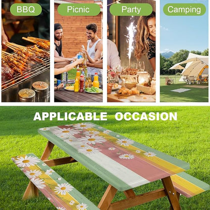 FOREVER QUEEN Picnic Table Cover with Bench Covers 72in,Waterproof Windproof Fitted Tablecloth,Spring Daisy Floral Camping Essentials with Drawstring Bag for Patio,Park & Backyard