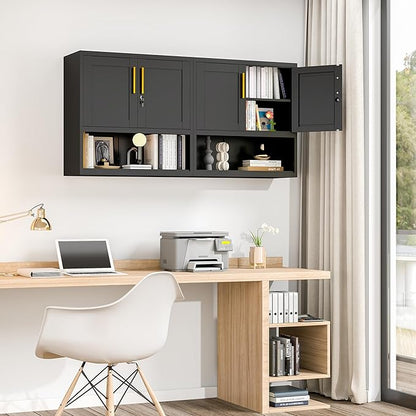 GAIOUS Metal Garage Wall Cabinet with Lock, Wall Mounted Steel Tool Cabinet with Door and Shelf, Medicine Cabinet with Open Area, Hanging Cabinet for Garage Warehouse Bathroom Kitchen, Black