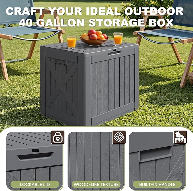 Greesum 40 Gallon Outdoor Deck Box, Resin Storage for Patio Furniture, Garden Tools, Pool Supplies, Weatherproof and UV Resistant, Lockable, Gray