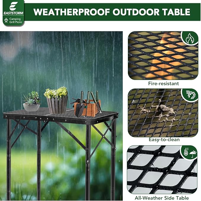 E EASTSTORM Folding Grill Table for Outside, 3 Height Adjustable,Small Camping Table with Black Metal Mesh, Portable Outdoor Table for Picnic BBQ, Garden, Patio, Tailgate & Travel
