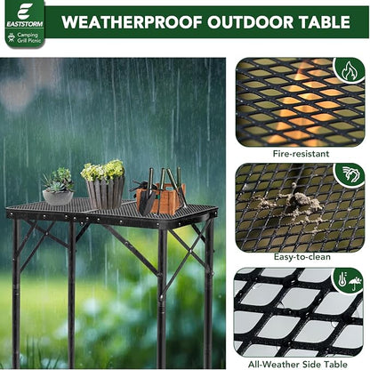 E EASTSTORM Folding Grill Table for Outside, 3 Height Adjustable,Small Camping Table with Black Metal Mesh, Portable Outdoor Table for Picnic BBQ, Garden, Patio, Tailgate & Travel