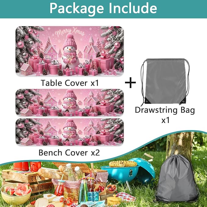Pink Christmas Snowman Picnic Table Cover with Bench Covers and Bag, Winter Camping Tablecloth Waterproof Windproof Elastic Edges Fitted Rectangle Tables RV Gear Campers Must Have, 3 Pcs, 30x96 Inch
