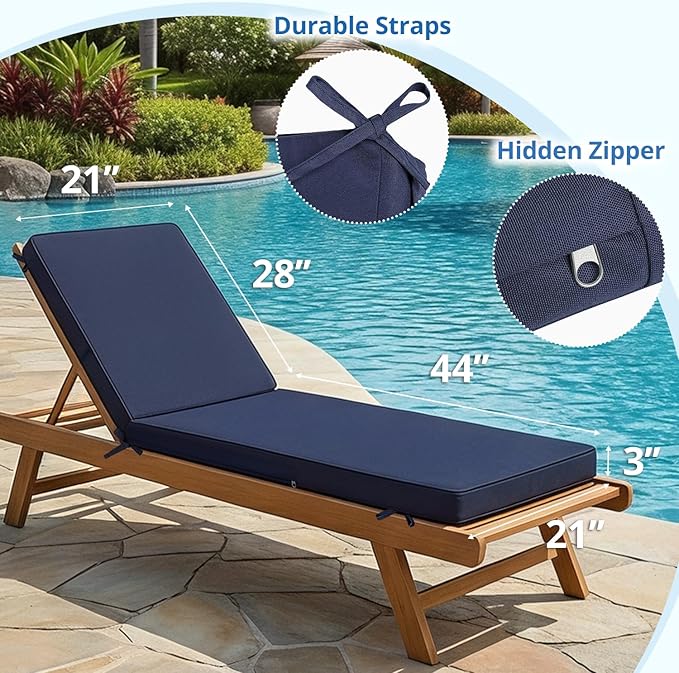 Fabuday Chaise Lounge Chair Cushions for Outdoor Furniture - 72 x 21 x 3 Inch Waterproof Patio Pool Sunbrella Lounger Pads Replacement with Removable Cover, Navy, Set of 2
