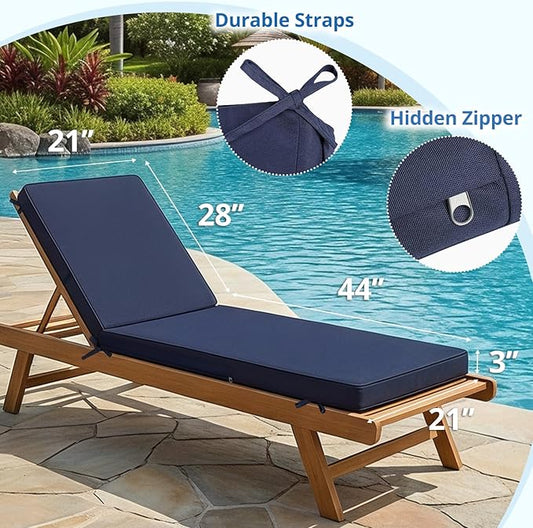 Fabuday Chaise Lounge Chair Cushions for Outdoor Furniture - 72 x 21 x 3 Inch Waterproof Patio Pool Sunbrella Lounger Pads Replacement with Removable Cover, Navy, Set of 2