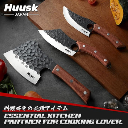 Huusk Butcher Knife Set of 3 - Full Tang Meat Cleaver Knife Set for Meat Processing, Hand Forged Viking Knives Sets with Bone Axe, Heavy-Duty Kitchen Knives Sets for Outdoor BBQ Cooking, Gifts for Men