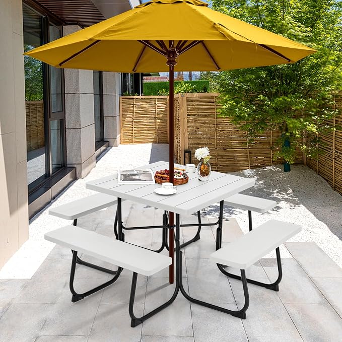 Tangkula 8 Person Picnic Table, Outdoor Square Picnic Table with 4 Built-in Benches, Umbrella Hole, Metal Frame & HDPE Tabletop, Outside Table and Bench Set for Backyard, 2300lbs Weight Capacity