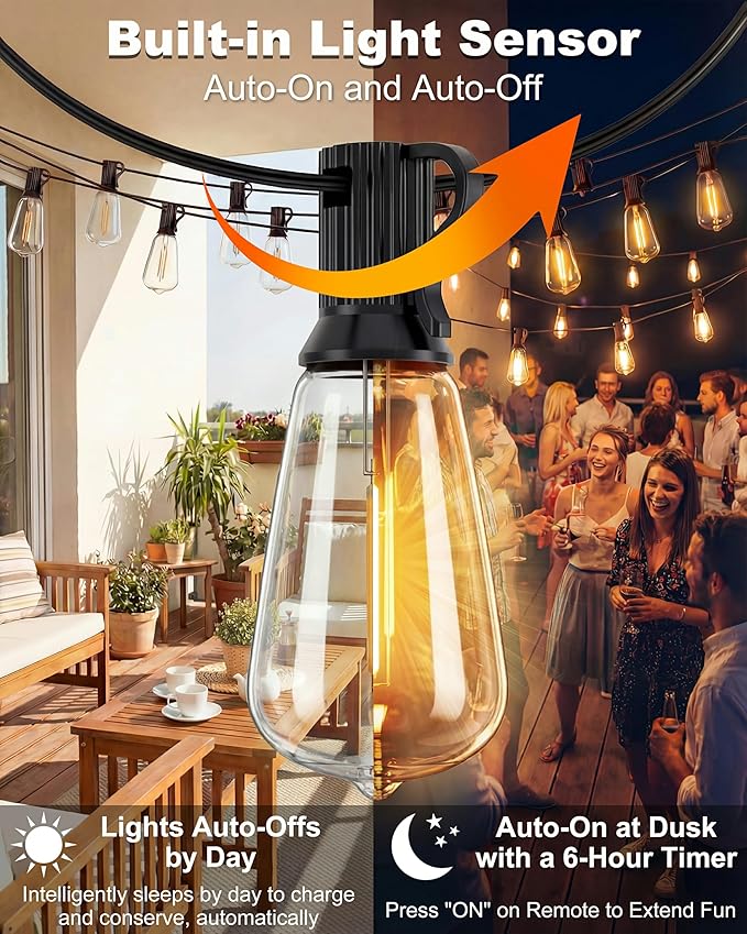 108FT (48+2) Outdoor String Lights Solar Powered, ST38 Dimmable Patio Lights with Remote & USB Charging, Dusk to Dawn, 2700K LED String Solar Light for Backyard, Garden, Porch, Wedding Decor