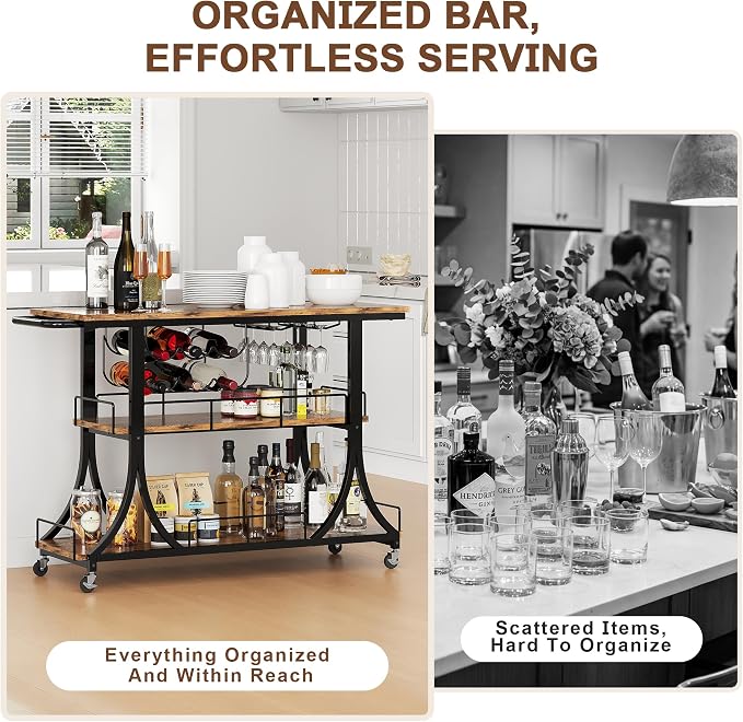 PETKABOO 3-Tier Rustic Wooden Bar Cart with Wheels, Farmhouse Style Solid Wood Rolling Serving Cart with Wine Rack for Home Bar, Heavy Duty Mobile Liquor Trolley for Kitchen Living Room