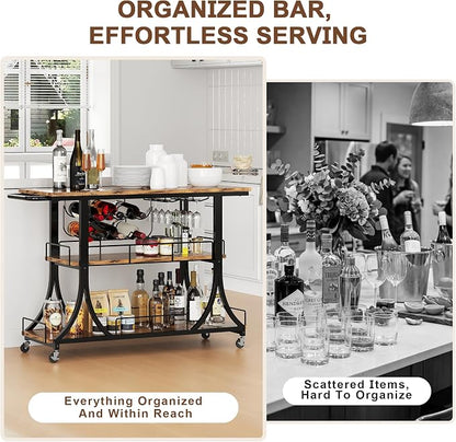 PETKABOO 3-Tier Rustic Wooden Bar Cart with Wheels, Farmhouse Style Solid Wood Rolling Serving Cart with Wine Rack for Home Bar, Heavy Duty Mobile Liquor Trolley for Kitchen Living Room