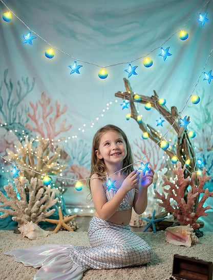 8.5Ft Beach Themed Seashell String Lights, 10L LED Starfish Seashell Lights Plug in for Boho Coastal Bedroom Seashell Party Nautical Party Holiday Decor, Indoor Outdoor