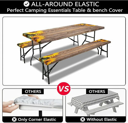 Sunflower Picnic Table Cover with Bench Covers, Waterproof Windproof, Camping Essentials, Fitted Tablecloth Cover with Elastic Edge, for Indoor & Outdoor, Garden, Camping, 3 Pieces Set, 30x72 Inch