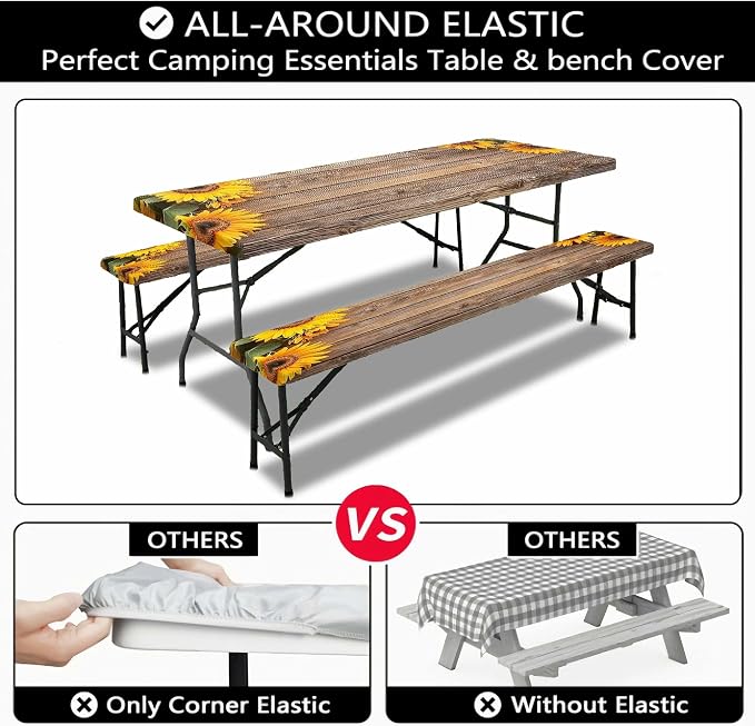 Sunflower Picnic Table Cover with Bench Covers, Waterproof Windproof, Camping Essentials, Fitted Tablecloth Cover with Elastic Edge, for Indoor & Outdoor, Garden, Camping, 3 Pieces Set, 30x96 Inch