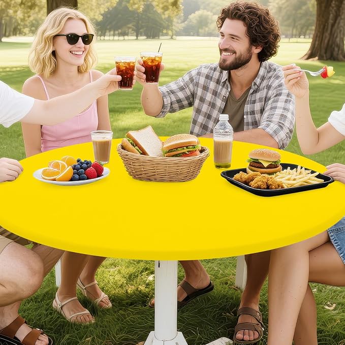 Smiry Round Spandex Tablecloth, Waterpoof Stretch Picnic Table Cover for 45"-56" Tables, Elastic Fitted Washable Tablecloths Dining, Indoor and Outdoor, Yellow