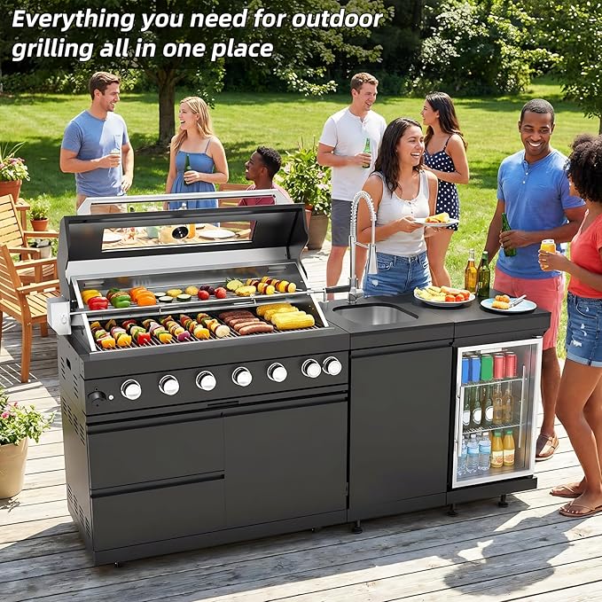 Outdoor Kitchen Island, 82 Inch 6 Burner Propane Gas Grill Combination With Refrigerator and Sink, Outdoor Stainless Steel Barbecue Bar, 85000 BTU Propane Grill for Patios, Gardens, Parties