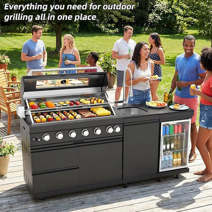 Outdoor Kitchen Island, 82 Inch 6 Burner Propane Gas Grill Combination With Refrigerator and Sink, Outdoor Stainless Steel Barbecue Bar, 85000 BTU Propane Grill for Patios, Gardens, Parties