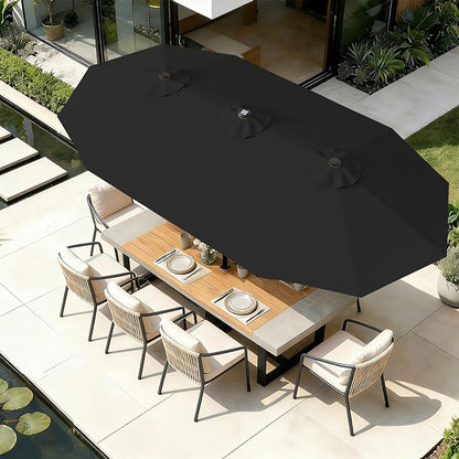 AreShark 15FT Patio Umbrella with Solar Lights, Double Sided Outdoor Table Umbrellas with Crank, Large Rectangular Market Umbrella for Porch, Lawn, Pool, Backyard, Dark Black