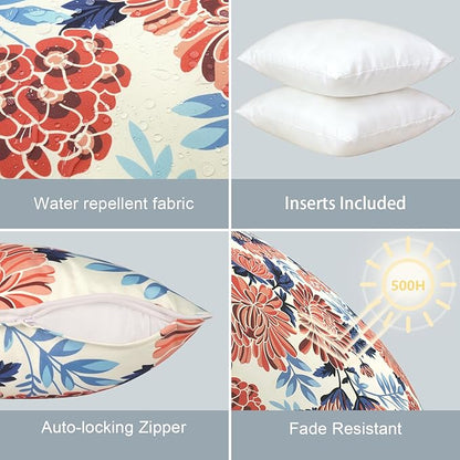 LVTXIII Outdoor Throw Pillows 18x18 Patio Waterproof Square Pillows with Piping Fade Resistant Accent Pillow for Spring Summer Garden Decoration, Set of 2, Red Chrysanthemum