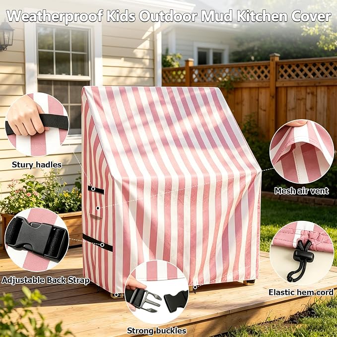 Kids Outdoor Mud Kitchen Cover,Heavy Duty Waterproof & Anti-UV Dustproof Outdoor Wooden Play Kitchen Covers,31.5" W x 15.7" D x 35.4" H, Pink, Cover Only
