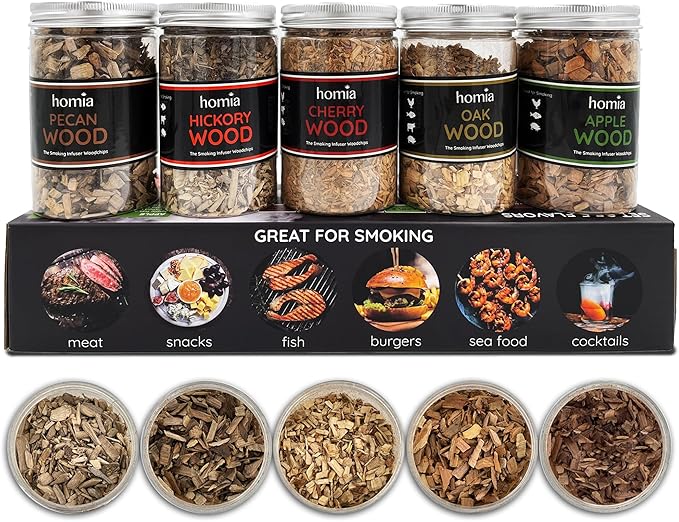 Cocktail Smoker Kit Wood Chips, 5 pcs x 8.4 oz - Apple, Cherry, Hickory, Pecan, Oak Wood for Food Smoker for Smoking Infuser and Cocktail Smoker - Gift for Men