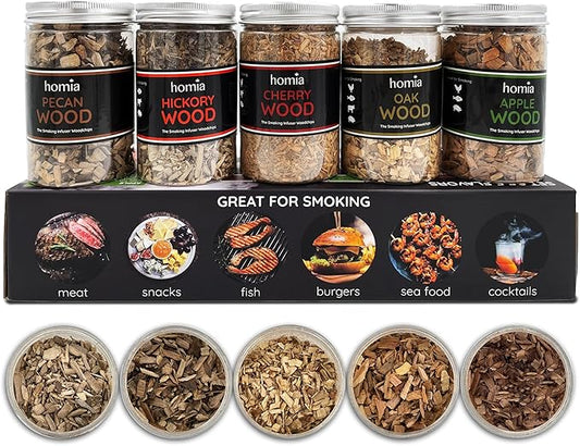 Cocktail Smoker Kit Wood Chips, 5 pcs x 8.4 oz - Apple, Cherry, Hickory, Pecan, Oak Wood for Food Smoker for Smoking Infuser and Cocktail Smoker - Gift for Men